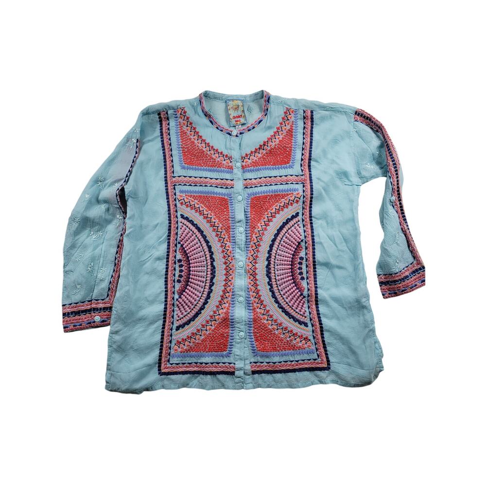 Johnny Was Blue Silk Patchwork Embroidered Tunic Blouse Top - Size Medium